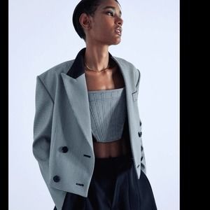 TRE Tori Double Breasted Cropped Jacket Gingham Blazer Gray